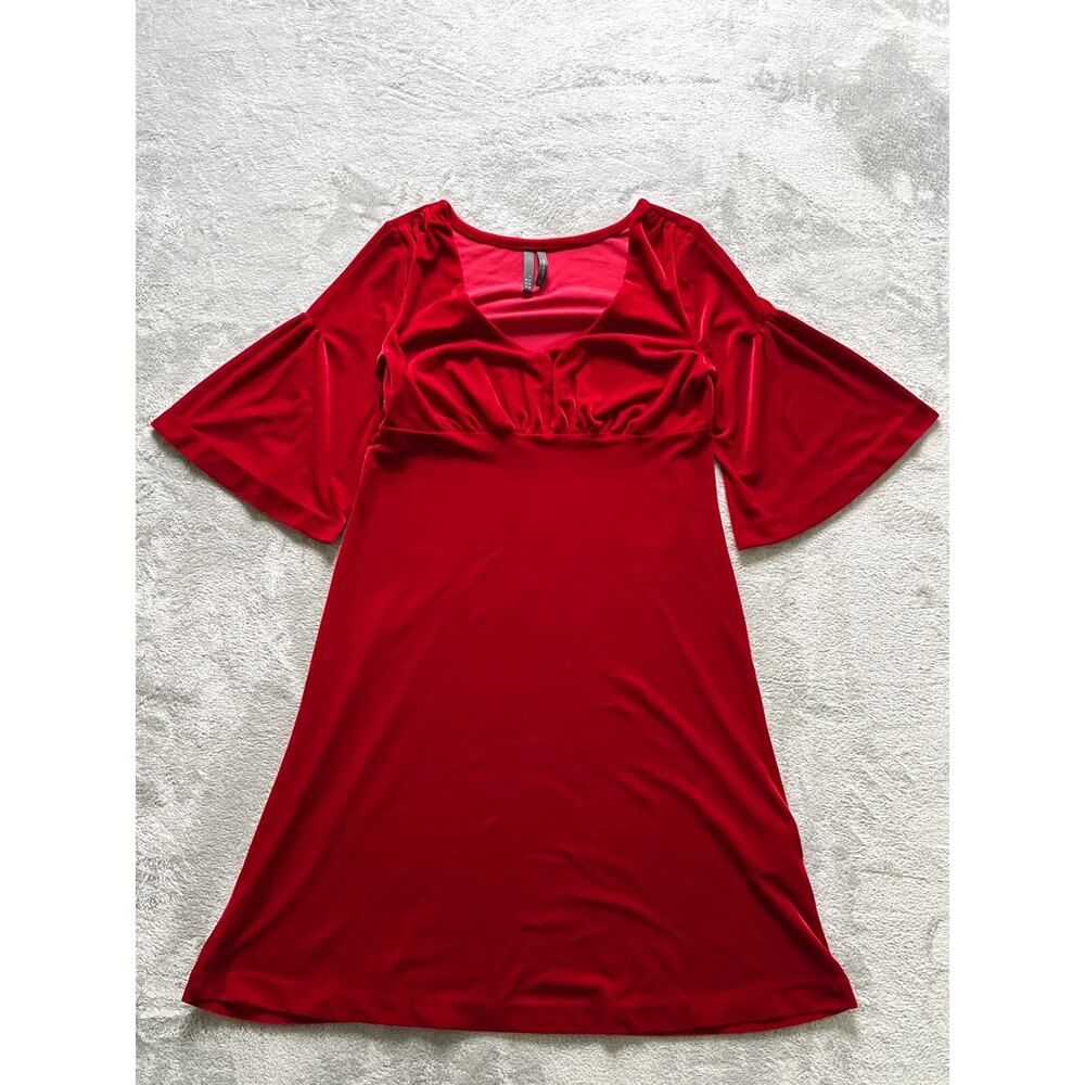 Vintage Y2K Red Velvet Dress Small Flowy Bell Sleeve Stretchy Regency Whimsigoth